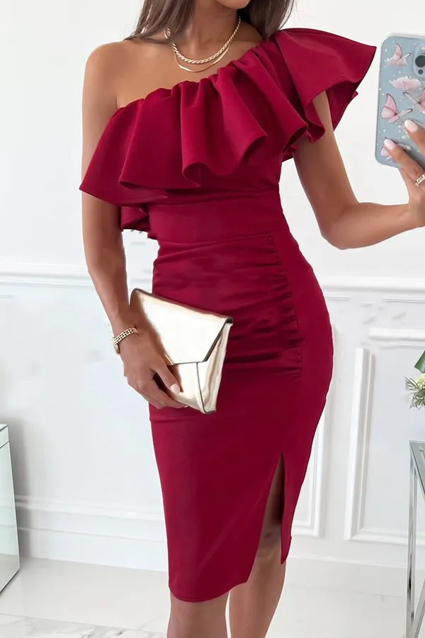 Ruffles One Shoulder Ruched Slit Dress