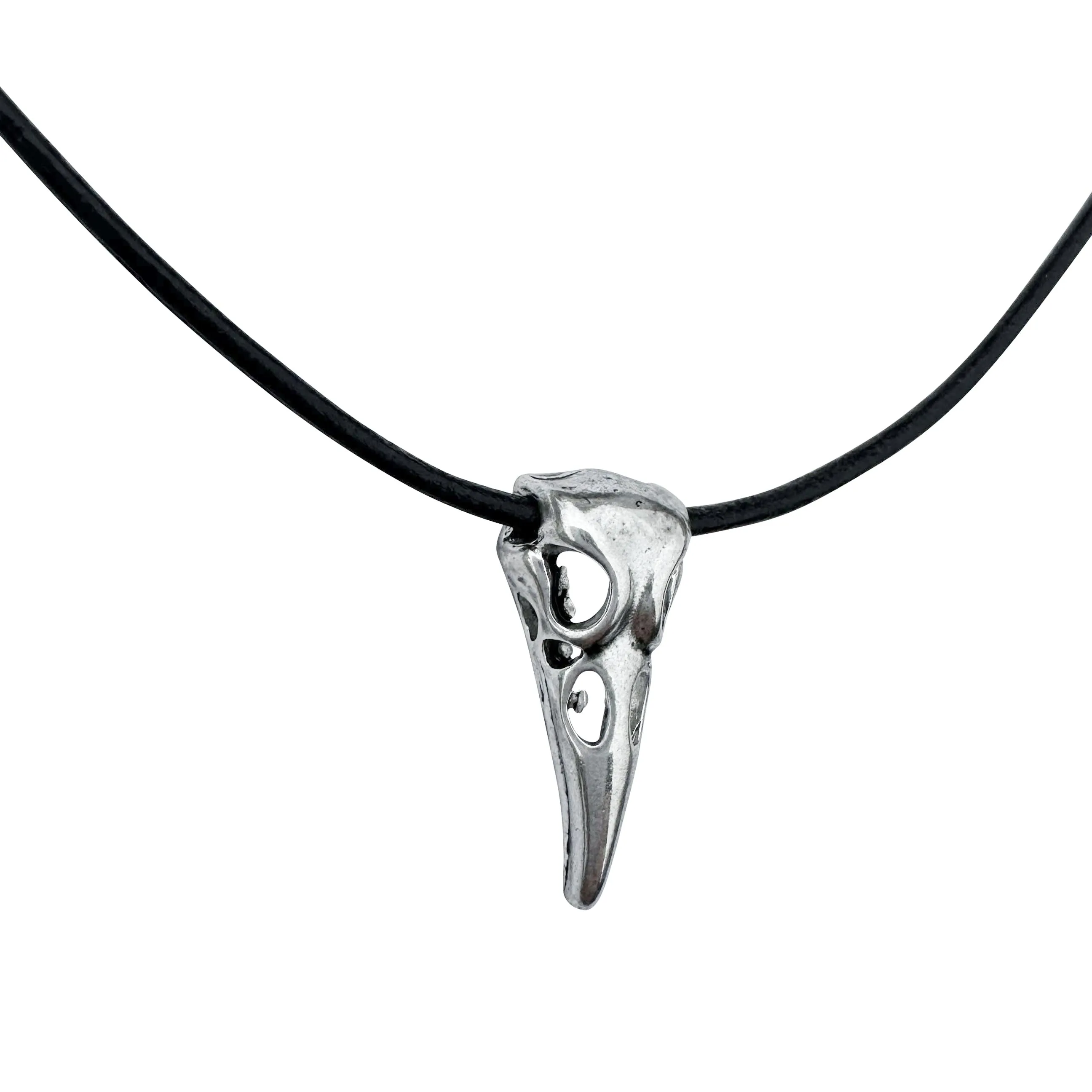 Silver Raven Skull on Fine Black Leather Necklace Cord - 18" to 20"