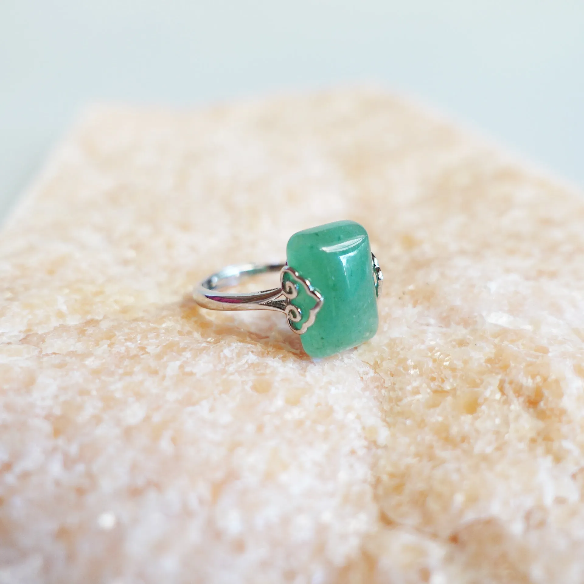 Silver Rectangle Green Aventurine Ring