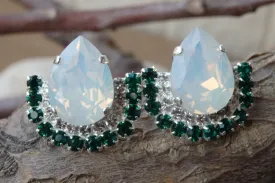 Silver White Green Earrings