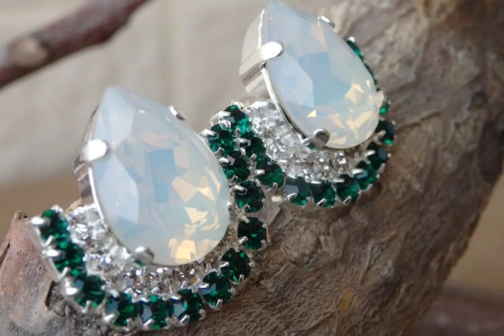 Silver White Green Earrings