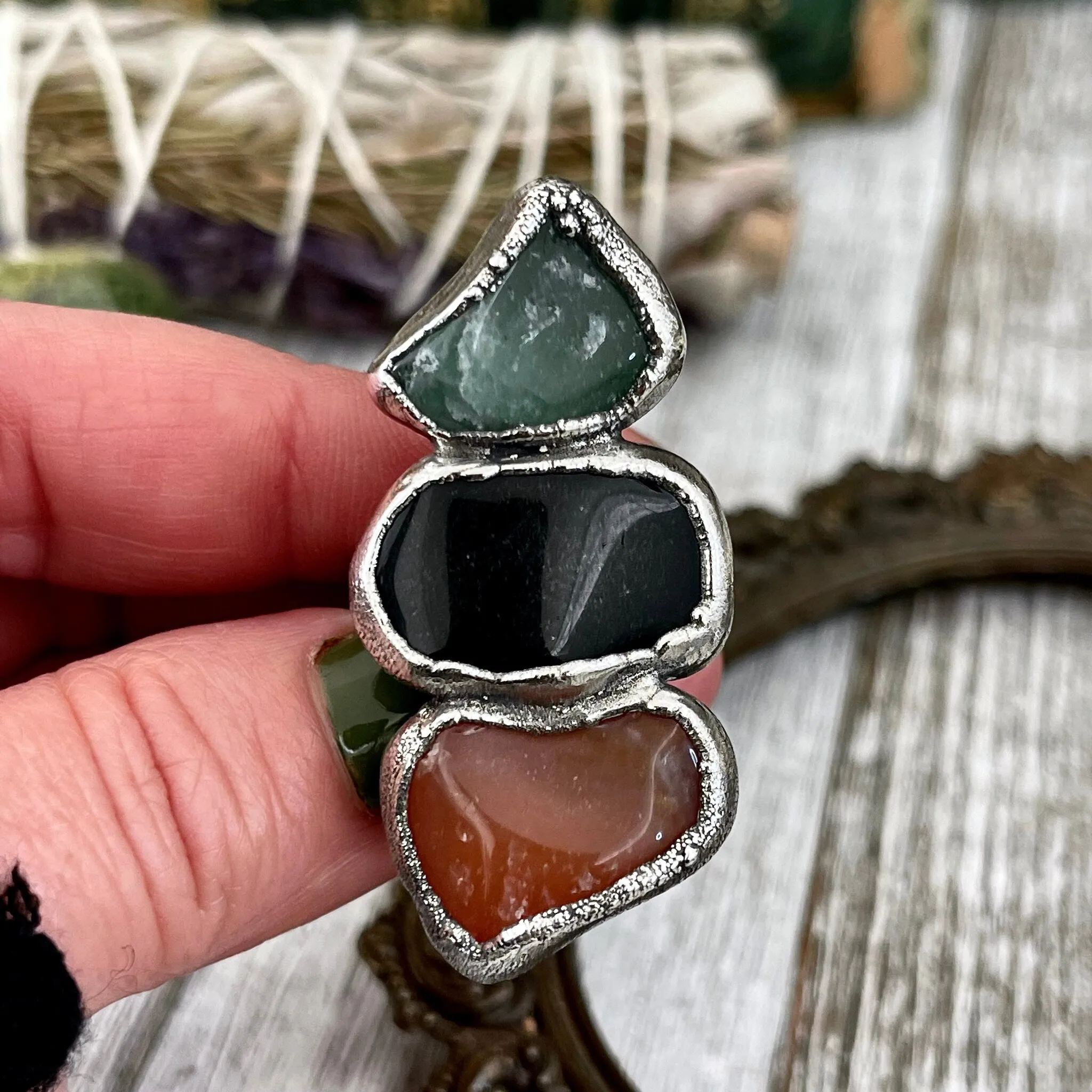 Size 9 Crystal Ring - Three Stone Ring Black Onyx Carnelian Aventurine Silver Ring / Foxlark Collection - One of a Kind