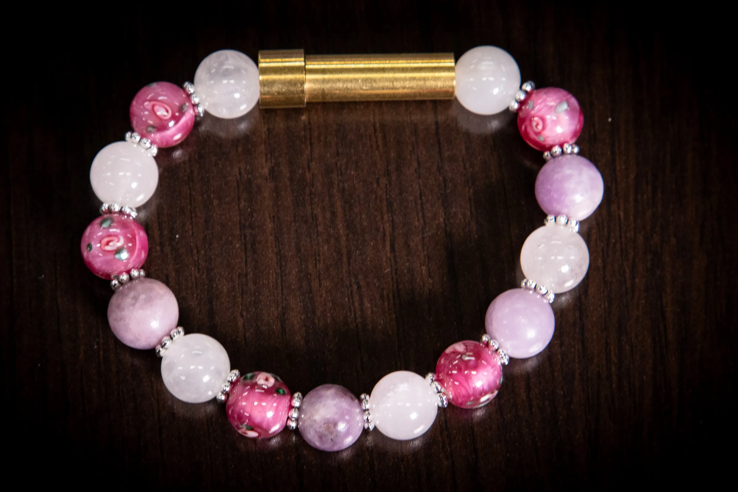 Snow Quartz Kunzite and Pressed Flower Healing Bracelet for Hair Fur or Ash