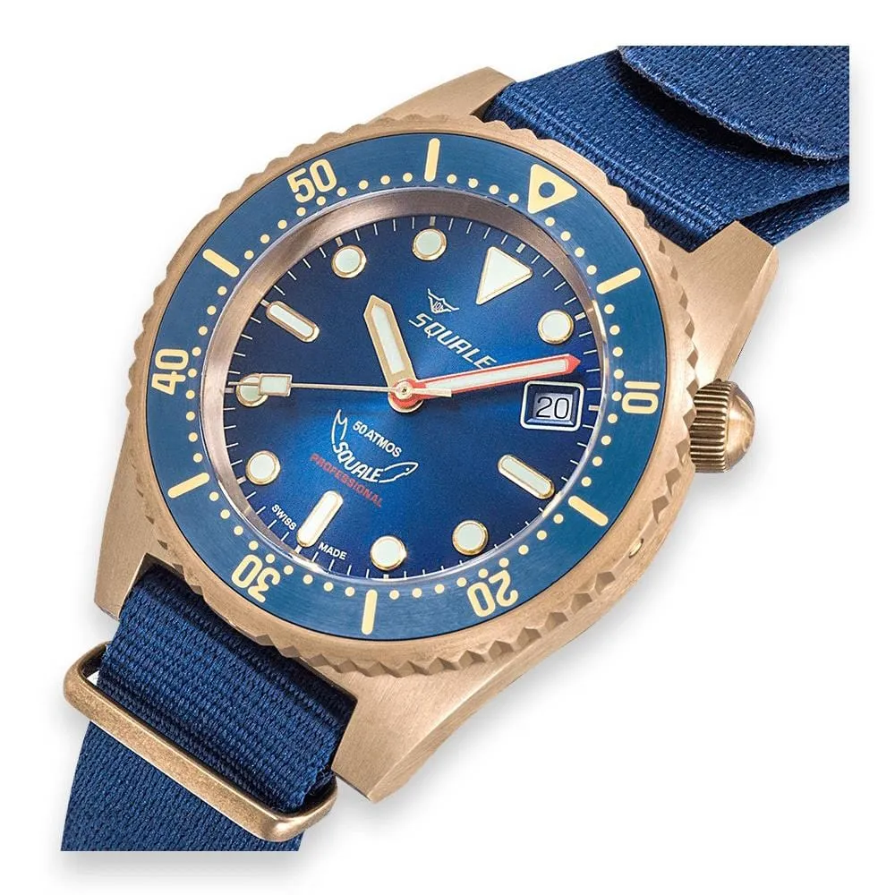 Squale 1521 Swiss Made Bronze Diver's Watch - Blue Sunray Dial - Nylon and Leather Straps