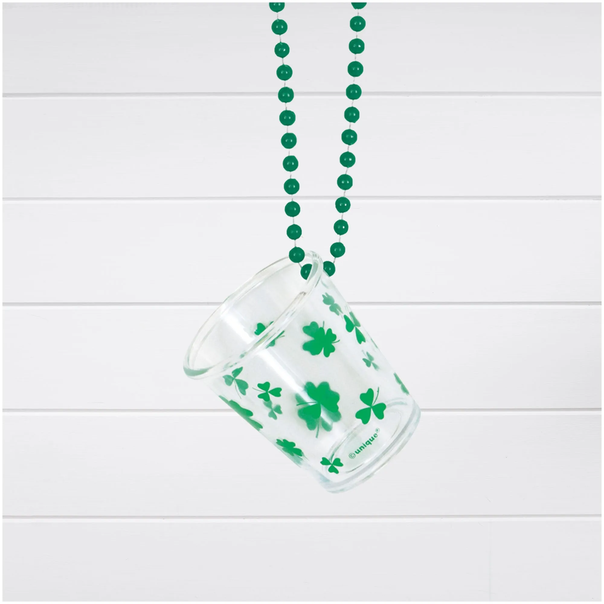 St. Patrick's Day Green 32" Bead Necklace with Shamrock Shot Glass, 2 Pack