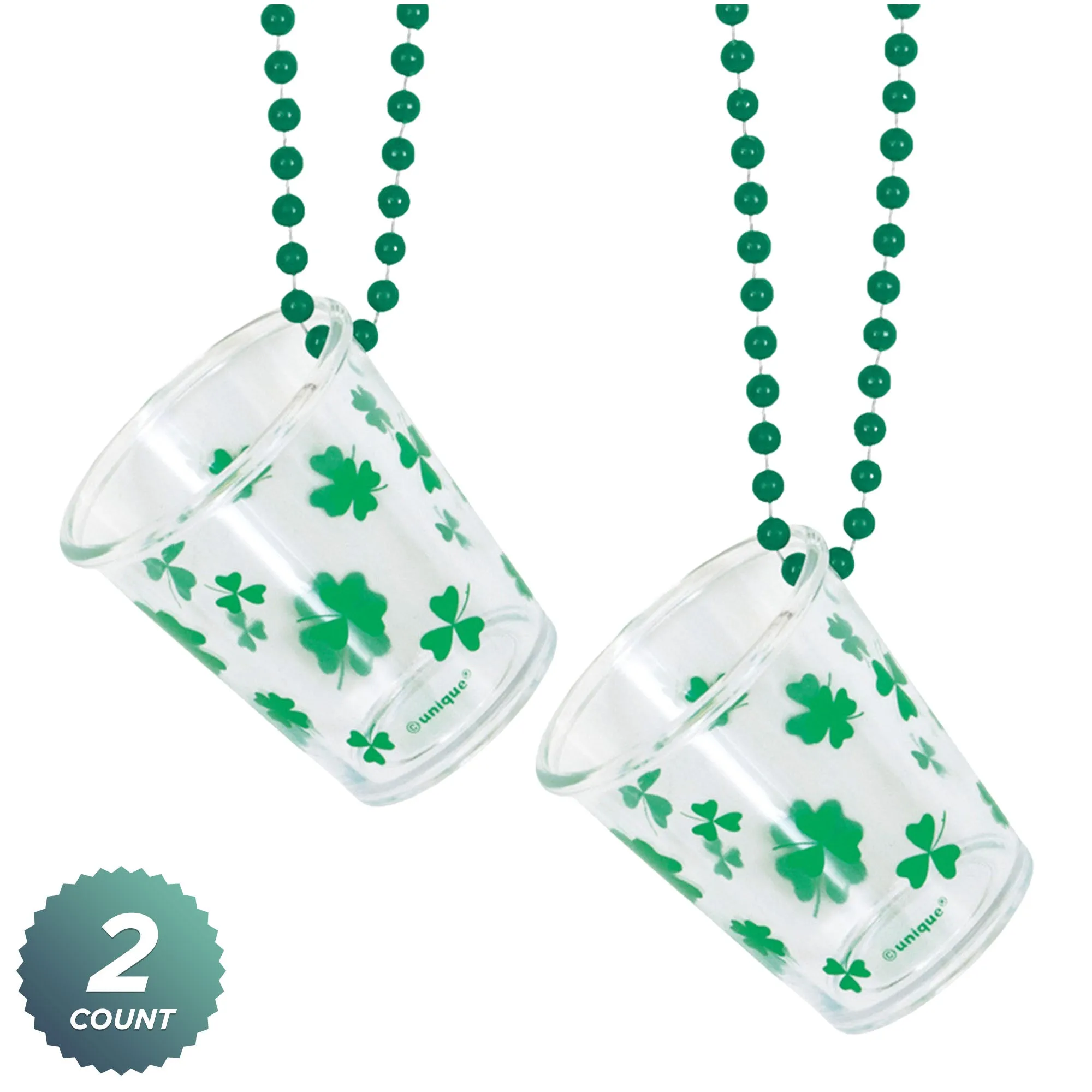 St. Patrick's Day Green 32" Bead Necklace with Shamrock Shot Glass, 2 Pack