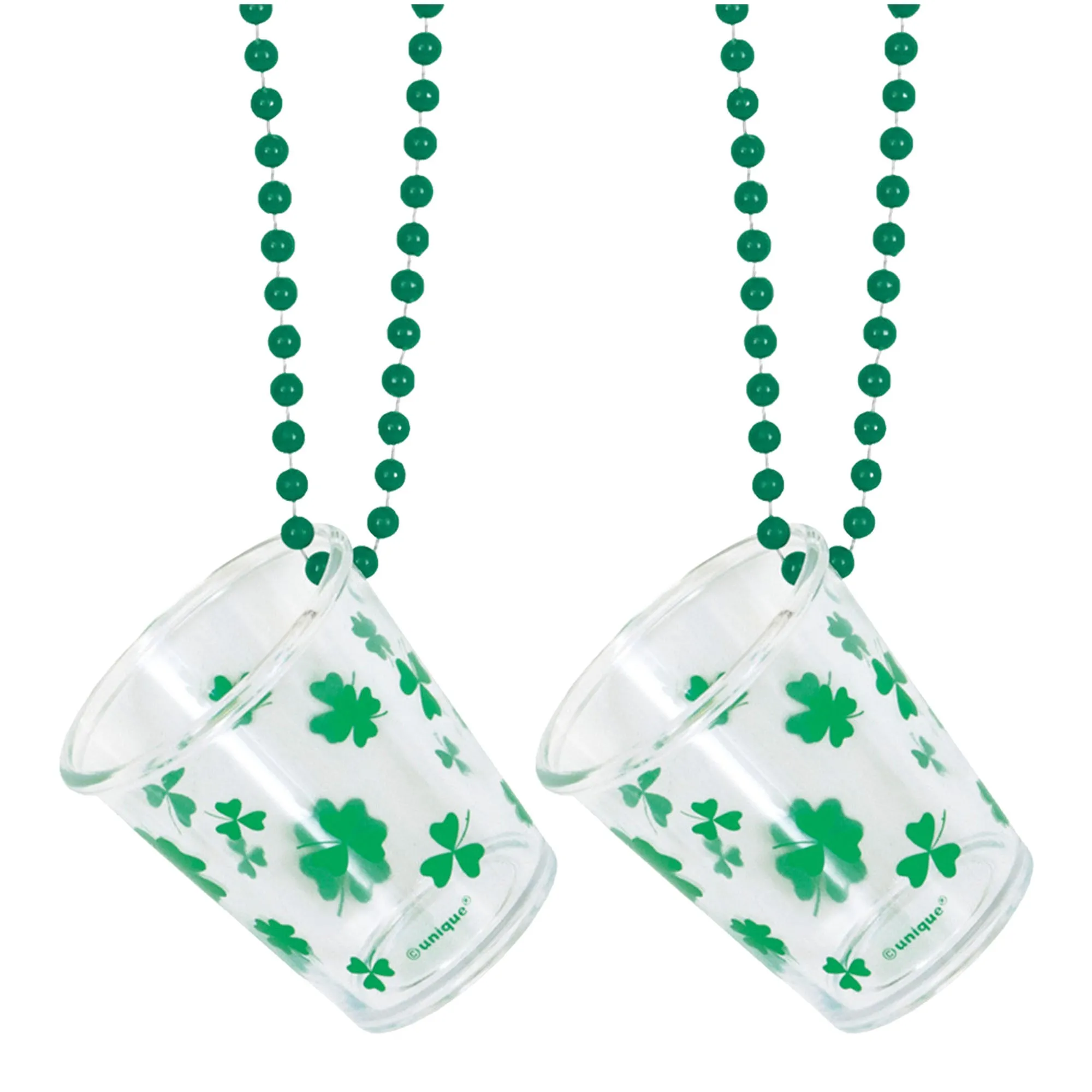 St. Patrick's Day Green 32" Bead Necklace with Shamrock Shot Glass, 2 Pack