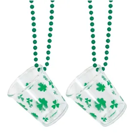 St. Patrick's Day Green 32" Bead Necklace with Shamrock Shot Glass, 2 Pack