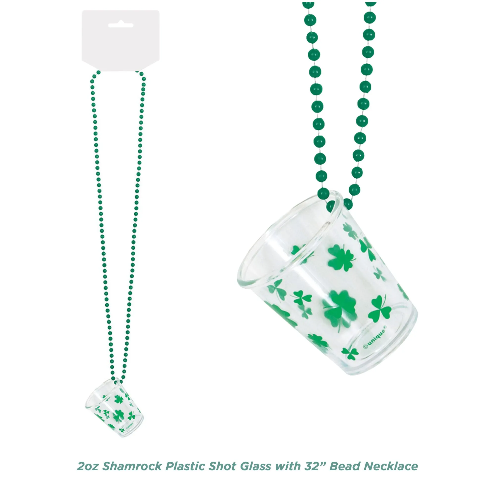 St. Patrick's Day Green 32" Bead Necklace with Shamrock Shot Glass, 2 Pack