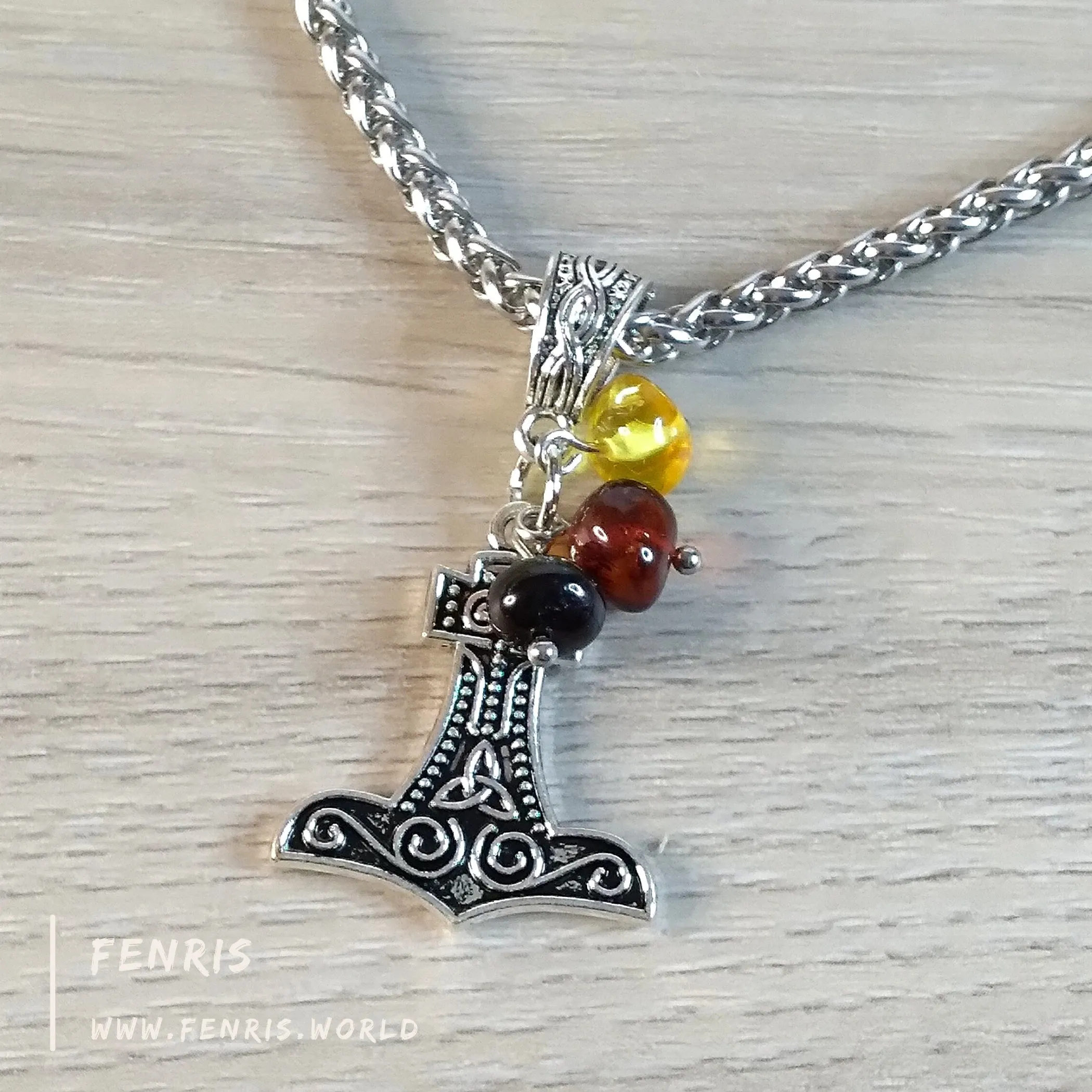 Thor's Hammer Necklace Silver Amber Hand Made | Fenris MTM