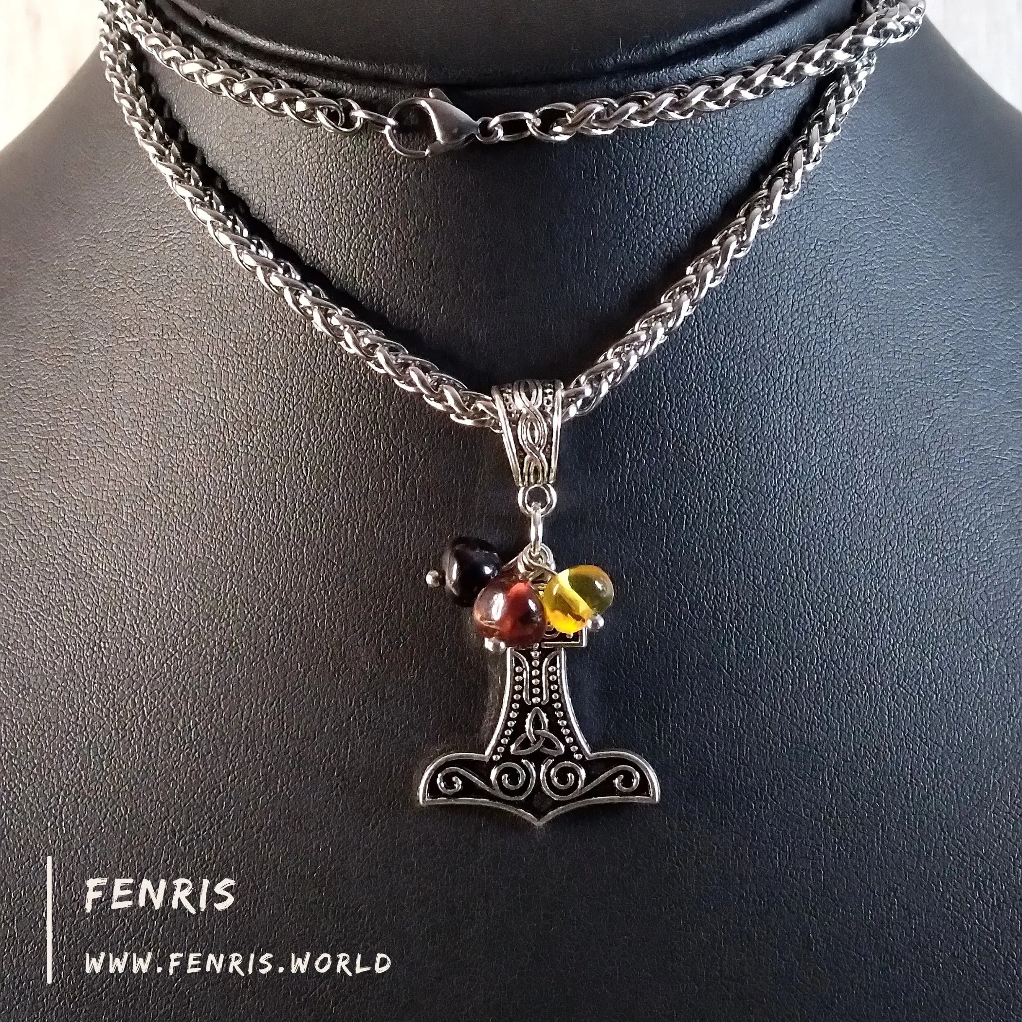 Thor's Hammer Necklace Silver Amber Hand Made | Fenris MTM