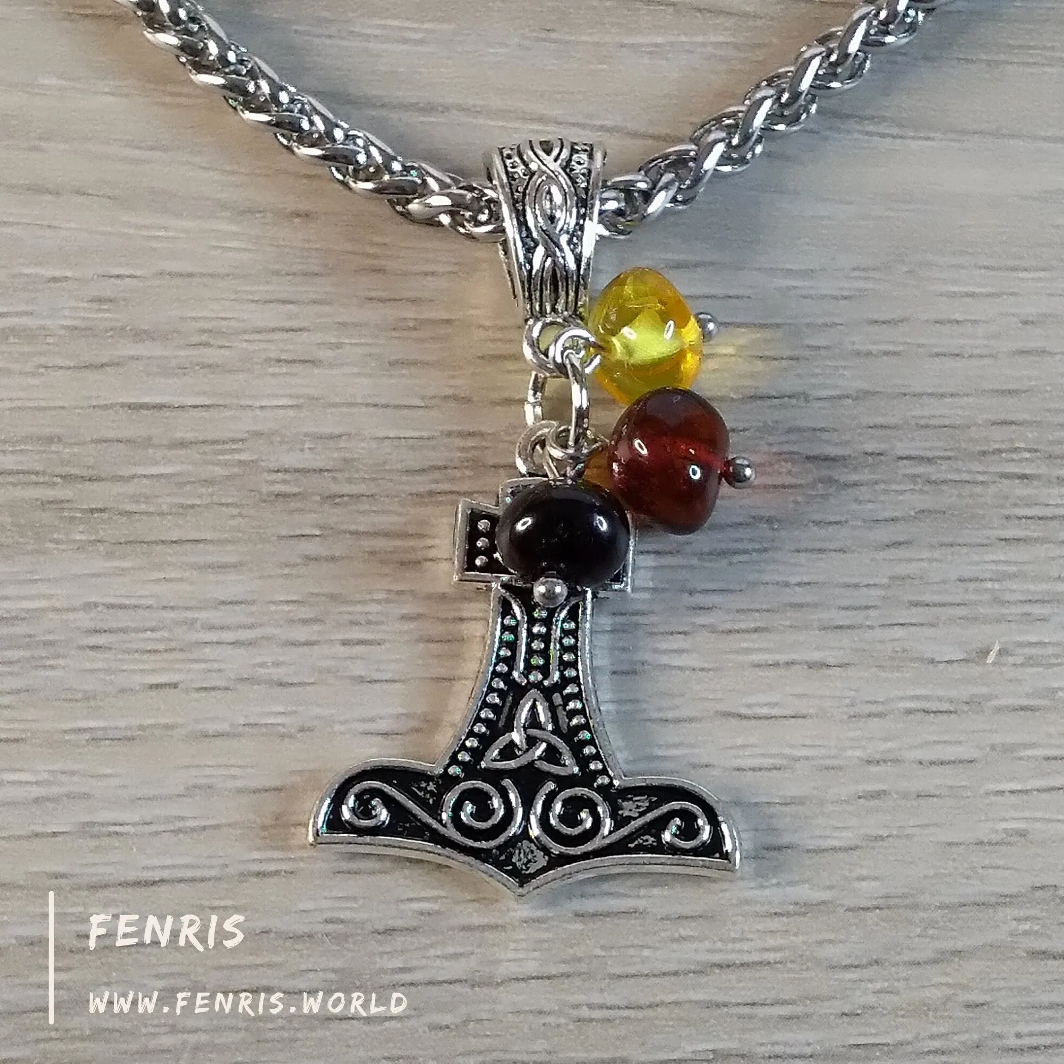 Thor's Hammer Necklace Silver Amber Hand Made | Fenris MTM