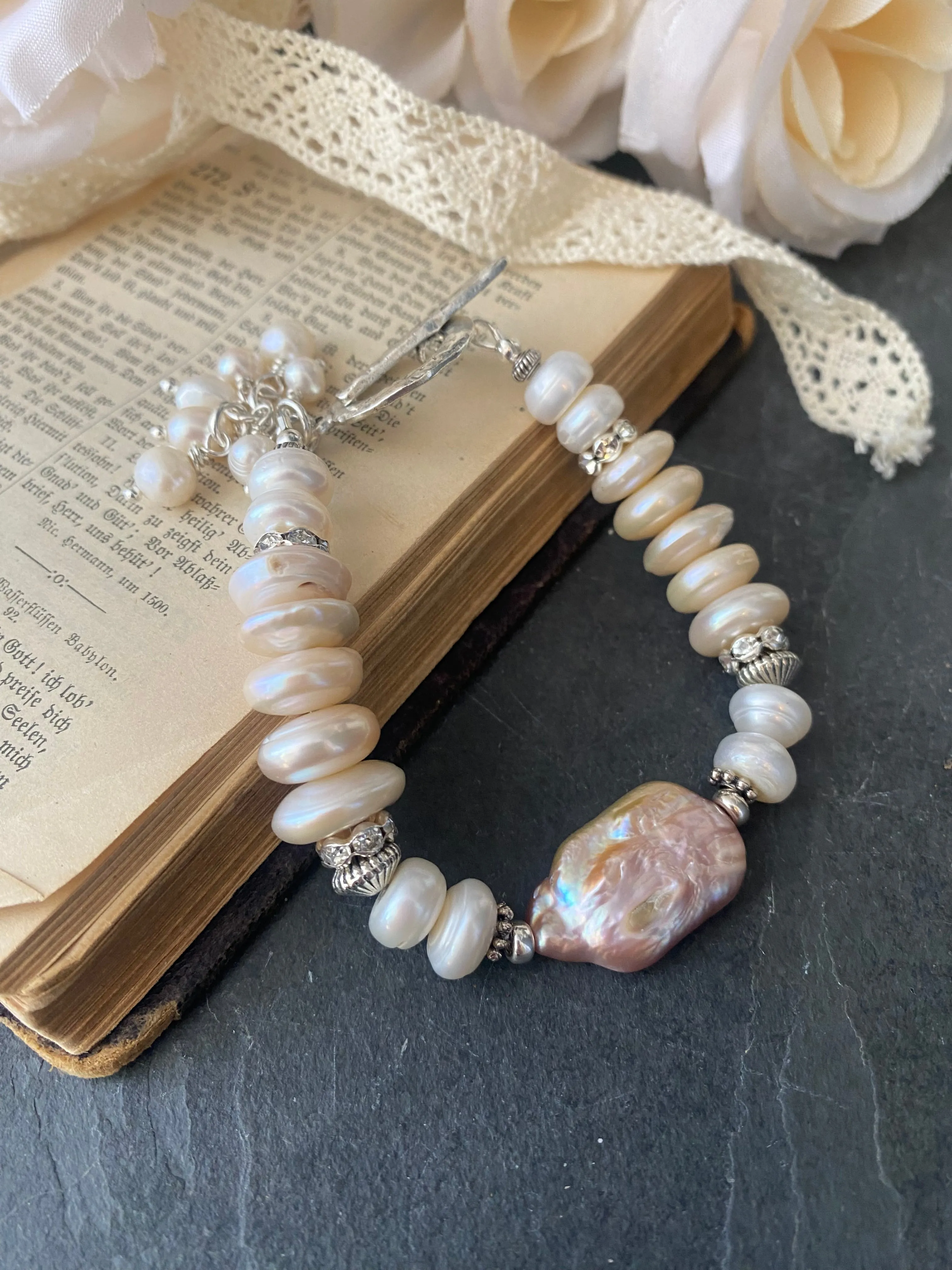 White and cream Baroque Pearl Beads, Natural Freshwater Shape Pearls and silver metal.