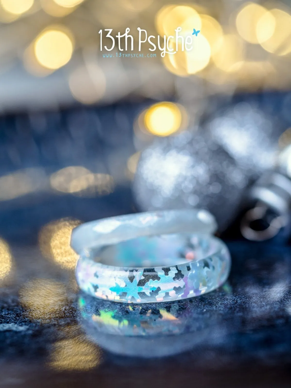 Winter inspired snowflake and white glitter resin ring set of two